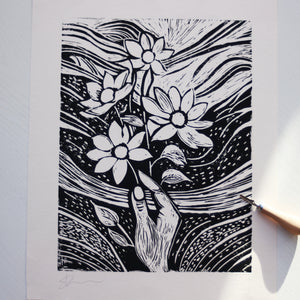 Hand holding flowers lino print - 40cm x 50cm