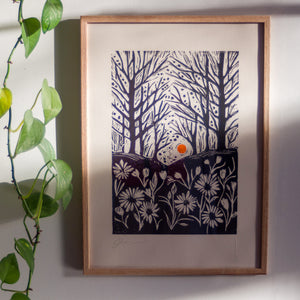 Woodland sunset lino print - Hand printed original wall art