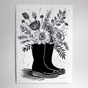 Flowers in welly boots lino print - Hand printed original wall art